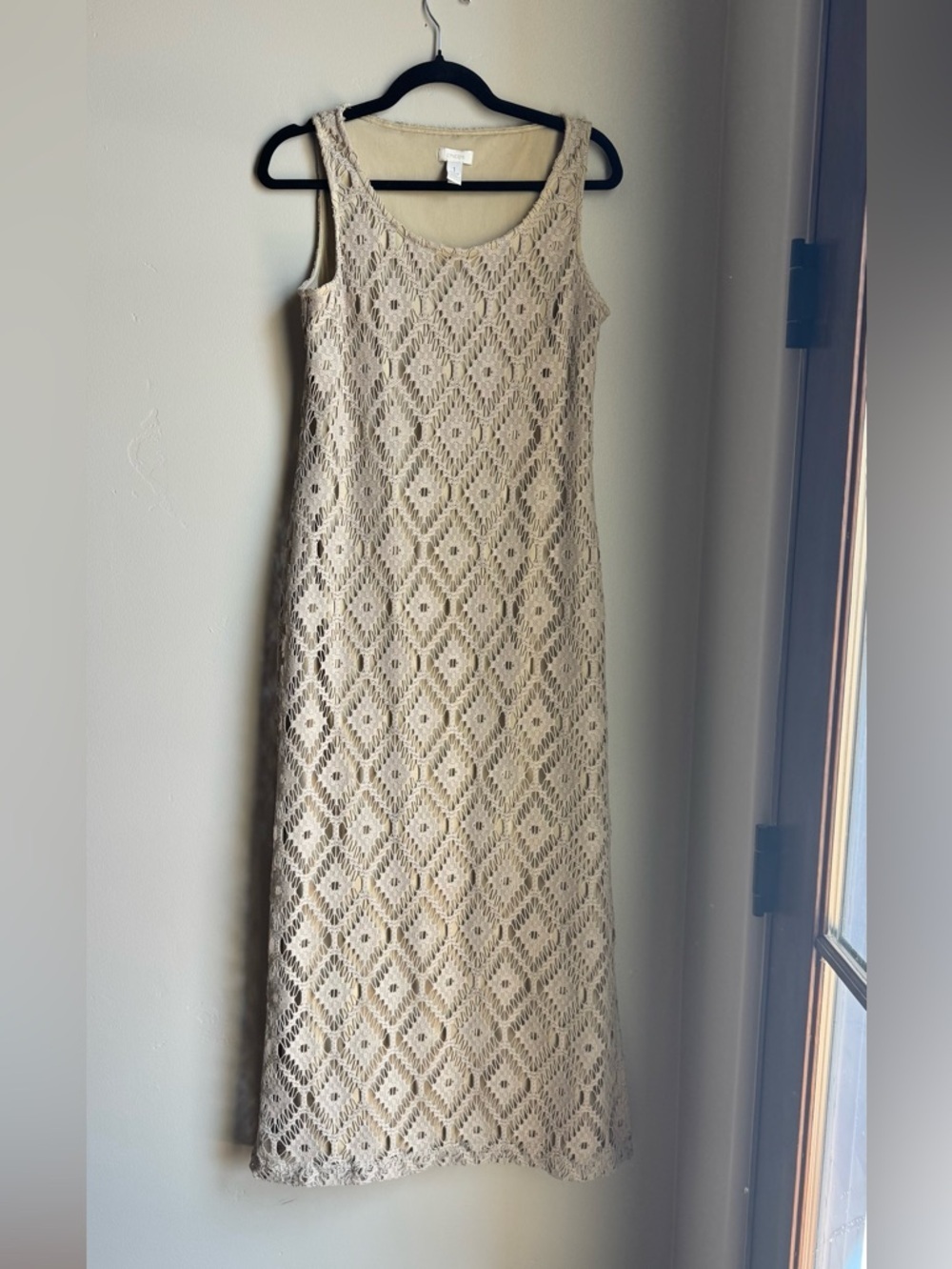 Chicos Cassandra Crochet Lace Overlay Maxi Dress Beige Boho Euro Summer Resort 1